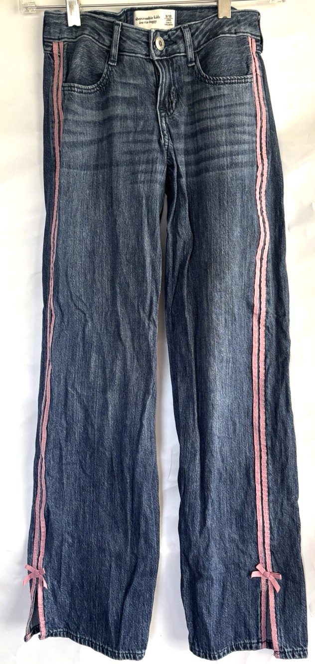 Abercrombie Kids Girls Low Rise Baggy Denim Jeans Blue Pink Bow 9-10
